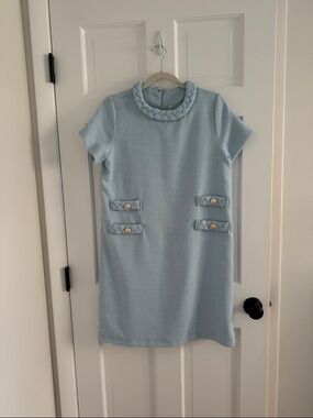 Women’s Light Blue Textured Short-Sleeve Dress with Braided Collar